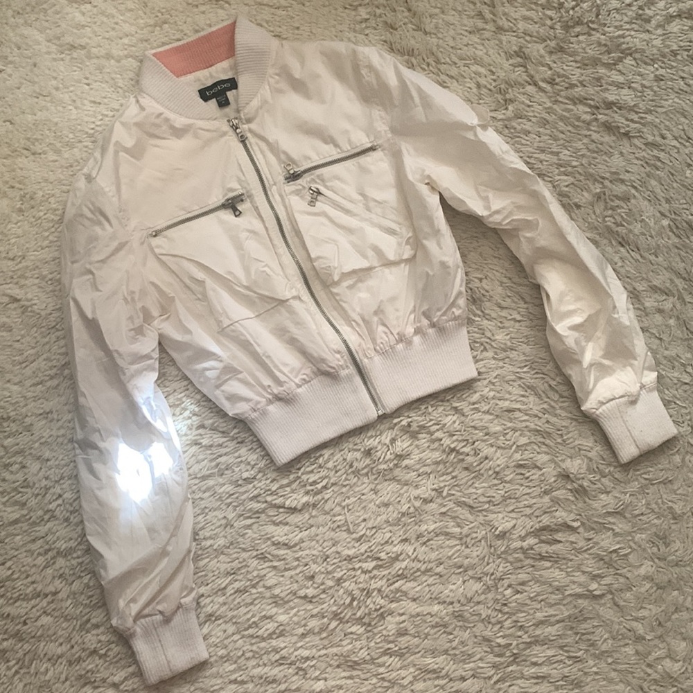 Y2K bebe white cropped bomber jacket